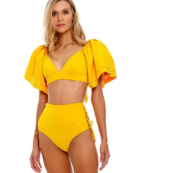 new $280 lagua bendita puff sleeve tie back swimsuit top m - Picture 3 of 3